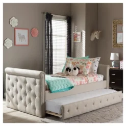 Twin Swanson Modern And Contemporary Fabric Tufted Daybed With Roll-Out Trundle Guest Bed - Baxton Studio -Cozy Living Sales Store GUEST 071251a6 a6c9 4c2d 94aa c447872bb2b4