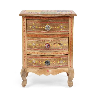 Ailey Handcrafted Boho Mango Wood 3 Drawer Nightstand Natural - Christopher Knight Home 3 Ailey Handcrafted Boho Mango Wood 3 Drawer Nightstand Natural - Christopher Knight Home - Image 3