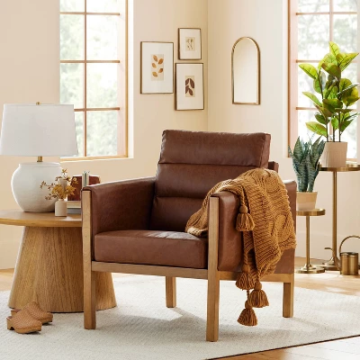 Faux Leather Upholstered Accent Arm Chair - Cognac - Hearth & Hand™ With Magnolia 1 Faux Leather Upholstered Accent Arm Chair - Cognac - Hearth & Hand™ With Magnolia