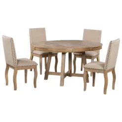 5 PCS Round Wood Extendable Dining Table Set With 4 Upholstered Dining Chairs-ModernLuxe 19 5 PCS Round Wood Extendable Dining Table Set With 4 Upholstered Dining Chairs-ModernLuxe -Cozy Living Sales Store GUEST 62a0d22f 09b3 4f40 a197 cc20893dc552