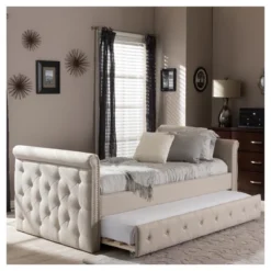 Twin Swanson Modern And Contemporary Fabric Tufted Daybed With Roll-Out Trundle Guest Bed - Baxton Studio -Cozy Living Sales Store GUEST 73ea050e 1e52 47c4 88bc 62a5a2ba10d6