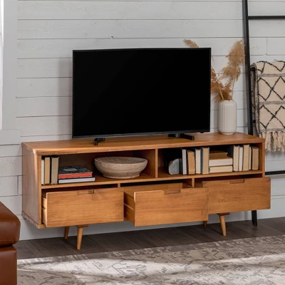 Cara Mid-Century Modern 3 Drawer TV Stand For TVs Up To 65" - Saracina Home 1 Cara Mid-Century Modern 3 Drawer TV Stand For TVs Up To 65" - Saracina Home